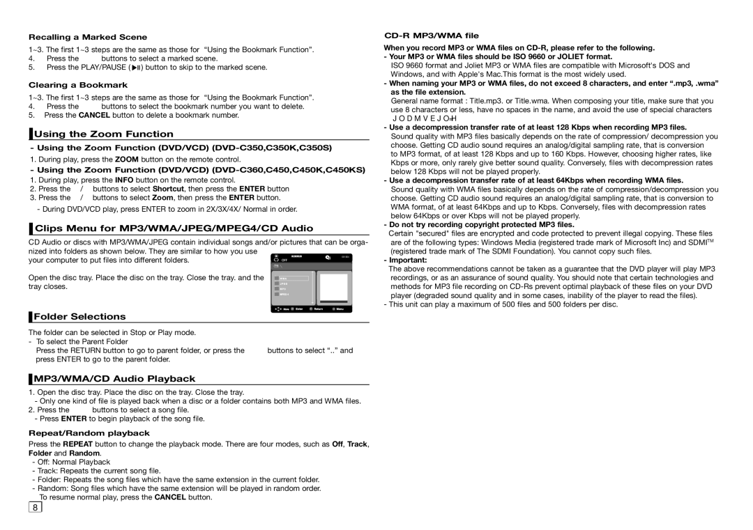 Samsung DVD-C550/XEF, DVD-C350/XEF Using the Zoom Function, Clips Menu for MP3/WMA/JPEG/MPEG4/CD Audio, Folder Selections 