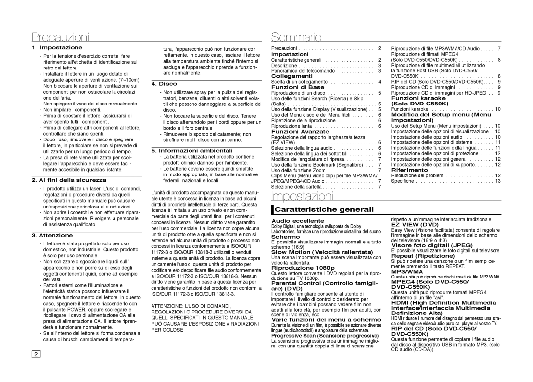 Samsung DVD-C550/XEF, DVD-C510/XEF manual Precauzioni Sommario, Impostazioni, Caratteristiche generali 