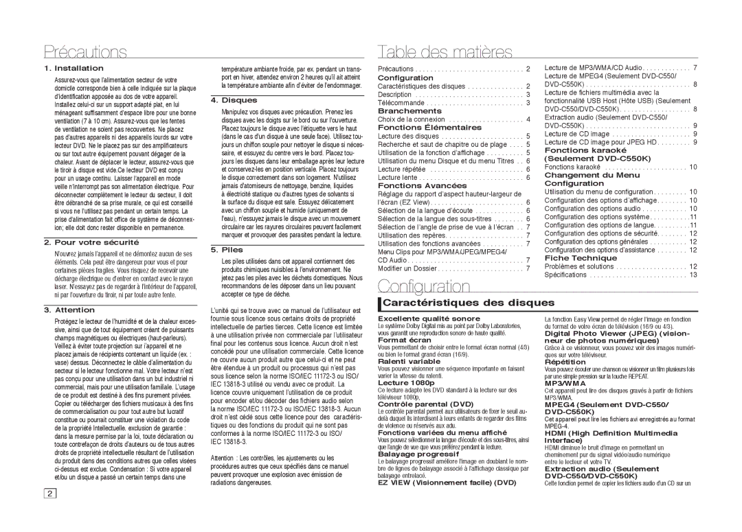 Samsung DVD-C550/XEF, DVD-C510/XEF manual Précautions Table des matières, Conﬁ guration, Caractéristiques des disques 