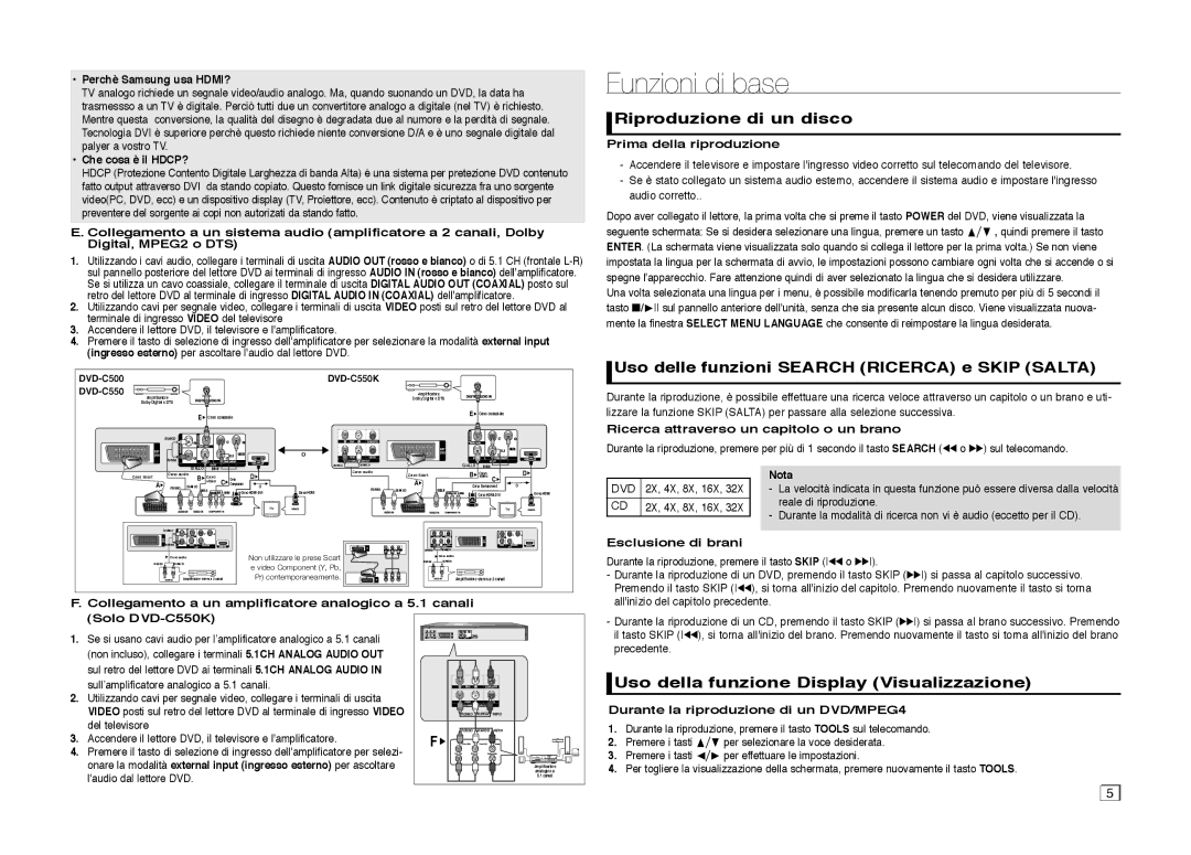 Samsung DVD-C510/XEF manual Funzioni di base, Riproduzione di un disco, Uso delle funzioni Search Ricerca e Skip Salta 