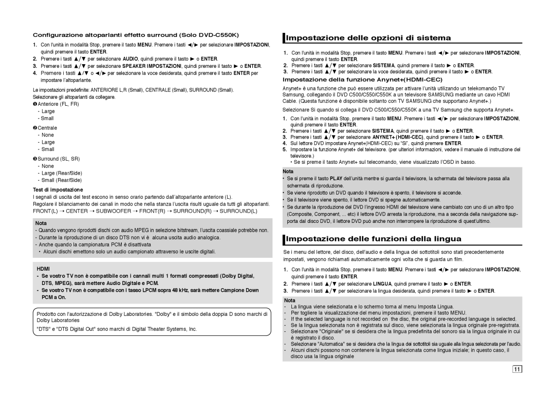 Samsung DVD-C510/XEF Impostazione delle opzioni di sistema, Impostazione delle funzioni della lingua, Test di impostazione 