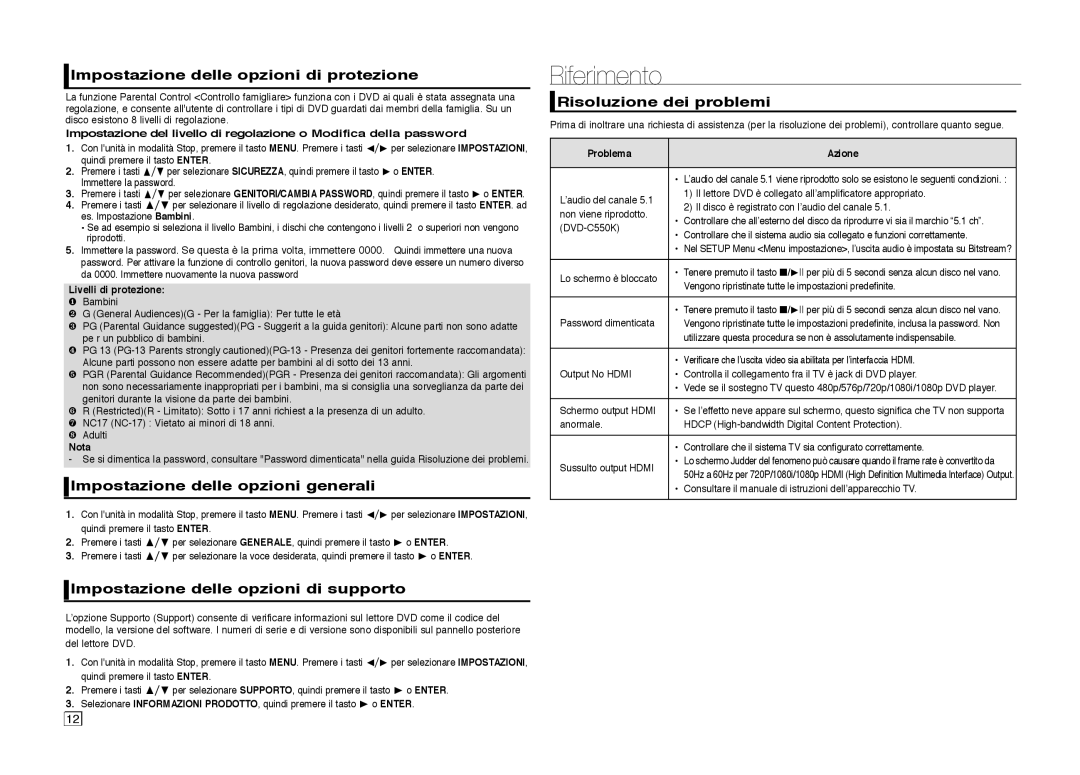 Samsung DVD-C550/XEF manual Riferimento, Impostazione delle opzioni di protezione, Impostazione delle opzioni generali 