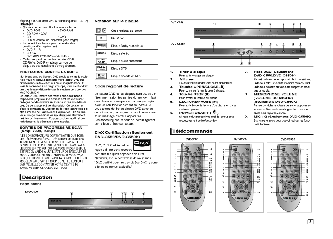 Samsung DVD-C510/XEF, DVD-C550/XEF manual Télécommande, Description 