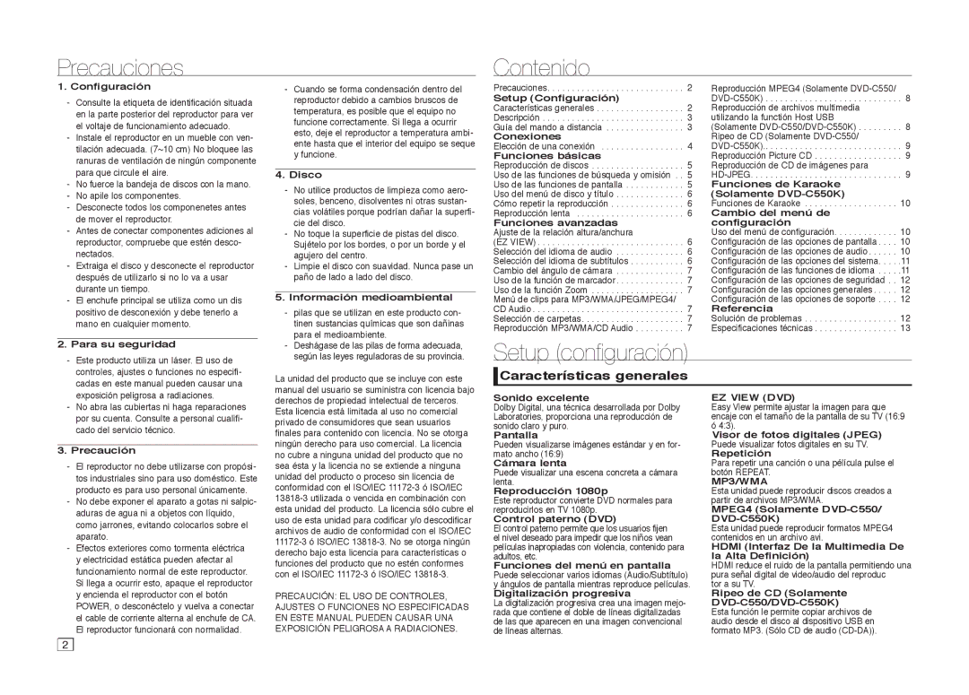 Samsung DVD-C550/XEF, DVD-C510/XEF manual Precauciones Contenido, Setup conﬁ guración, Características generales 