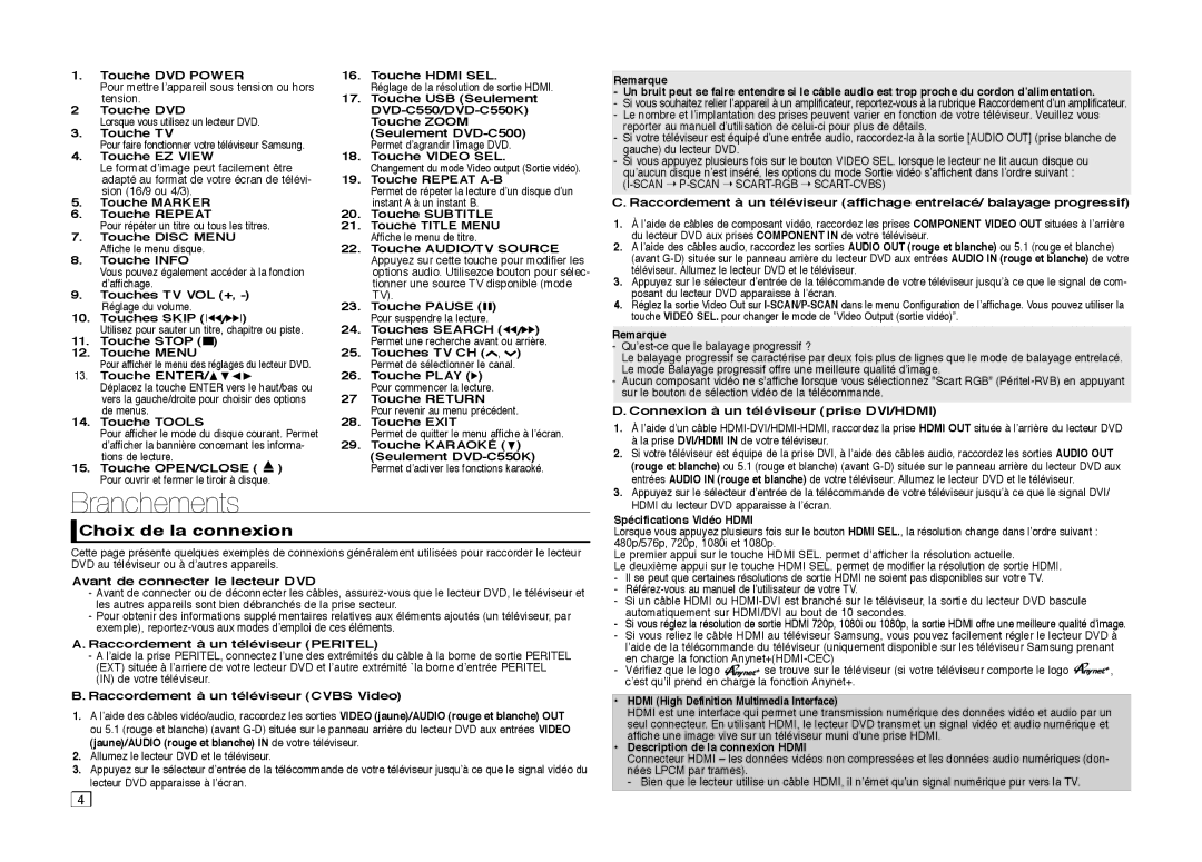 Samsung DVD-C550/XEF, DVD-C510/XEF manual Branchements, Choix de la connexion 