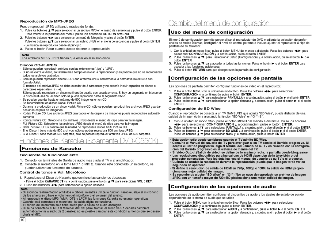 Samsung DVD-C550/XEF, DVD-C510/XEF Cambio del menú de conﬁ guración, Funciones de Karaoke, Uso del menú de configuración 