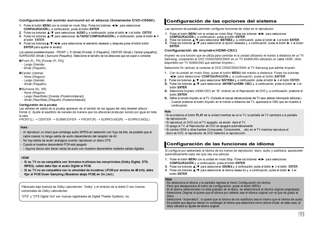 Samsung DVD-C510/XEF, DVD-C550/XEF Configuración de las opciones del sistema, Configuración de las funciones de idioma 