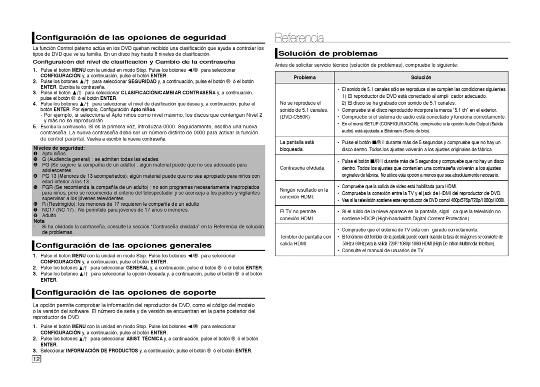 Samsung DVD-C550/XEF manual Referencia, Configuración de las opciones de seguridad, Configuración de las opciones generales 