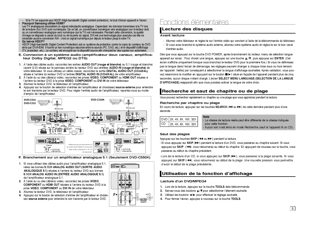 Samsung DVD-C510/XEF, DVD-C550/XEF Fonctions élémentaires, Lecture des disques, Recherche et saut de chapitre ou de plage 