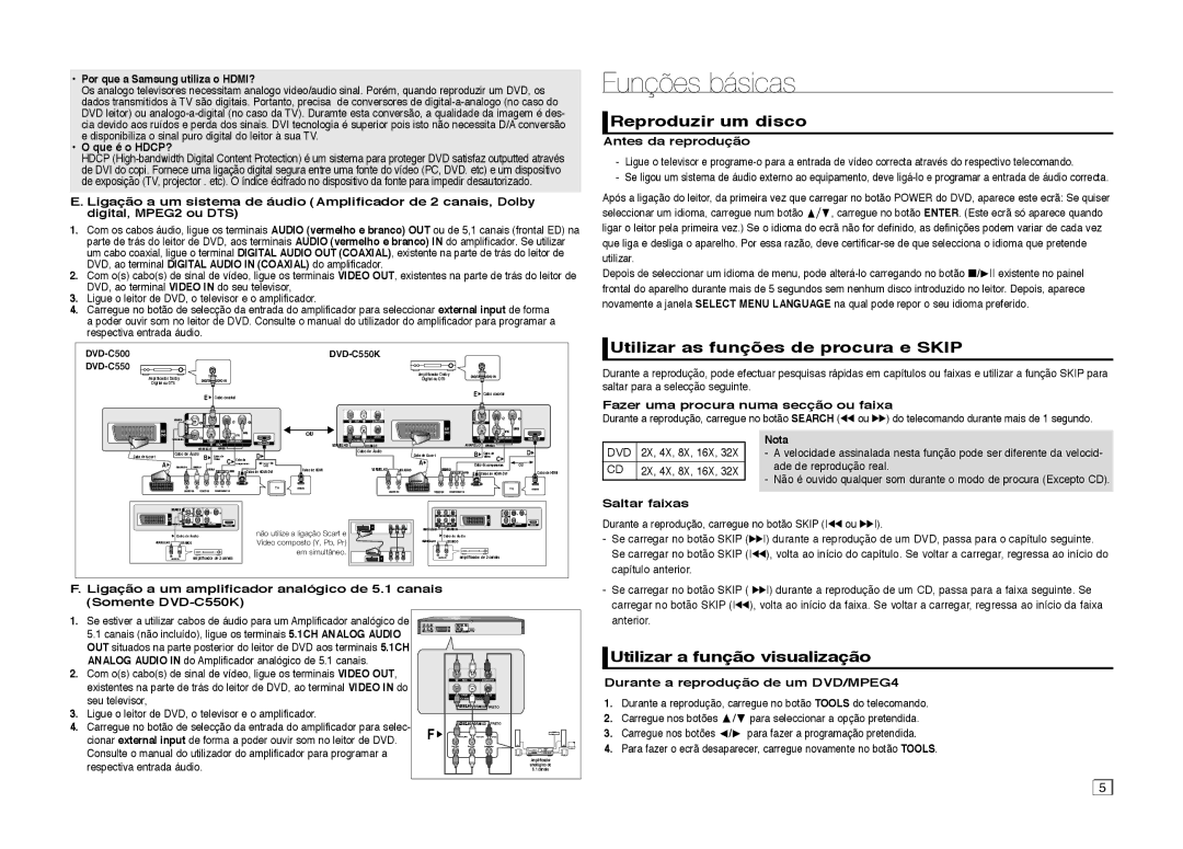 Samsung DVD-C510/XEF, DVD-C550/XEF manual Funções básicas, Reproduzir um disco, Utilizar as funções de procura e Skip 