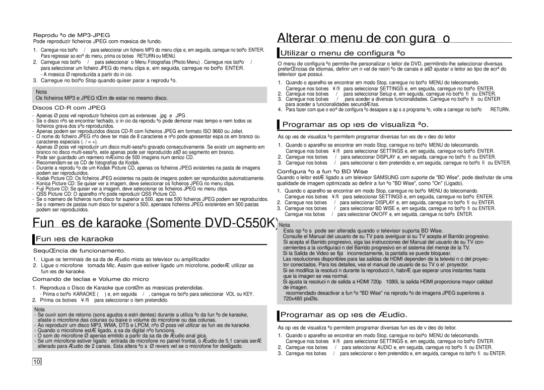 Samsung DVD-C550/XEF, DVD-C510/XEF Alterar o menu de conﬁ guração, Funções de karaoke, Utilizar o menu de configuração 