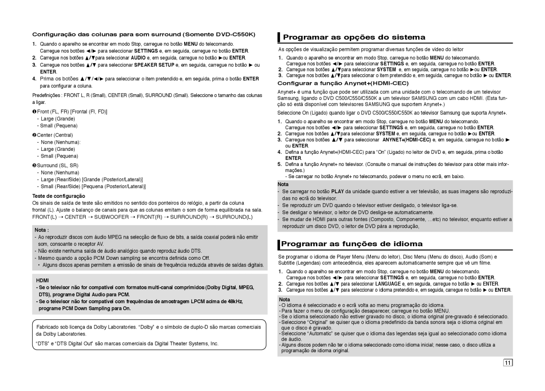 Samsung DVD-C510/XEF, DVD-C550/XEF Programar as opções do sistema, Programar as funções de idioma, Teste de configuração 