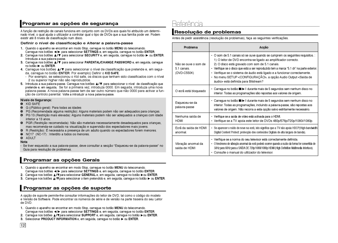 Samsung DVD-C550/XEF Referência, Programar as opções de segurança, Programar as opções Gerais, Resolução de problemas 