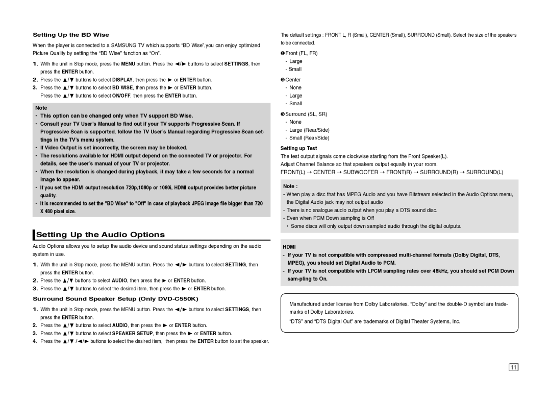 Samsung DVD-C550/XSS Setting Up the Audio Options, Setting Up the BD Wise, Surround Sound Speaker Setup Only DVD-C550K 