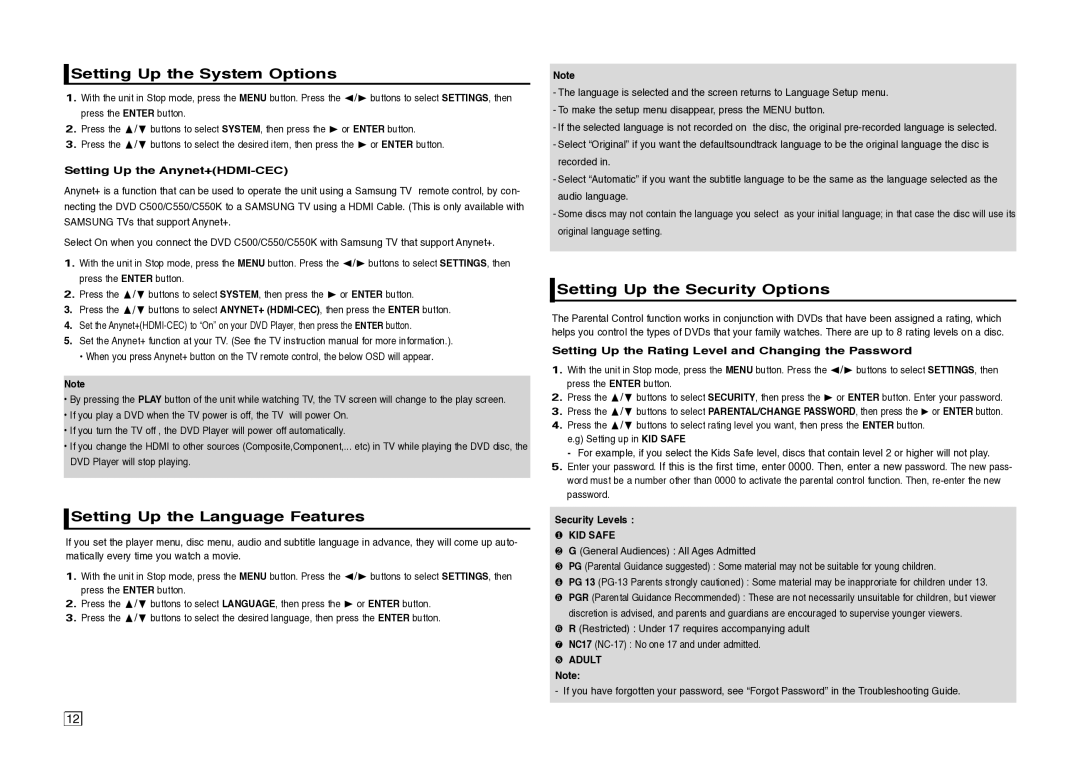 Samsung DVD-C550/XSS Setting Up the System Options, Setting Up the Language Features, Setting Up the Security Options 