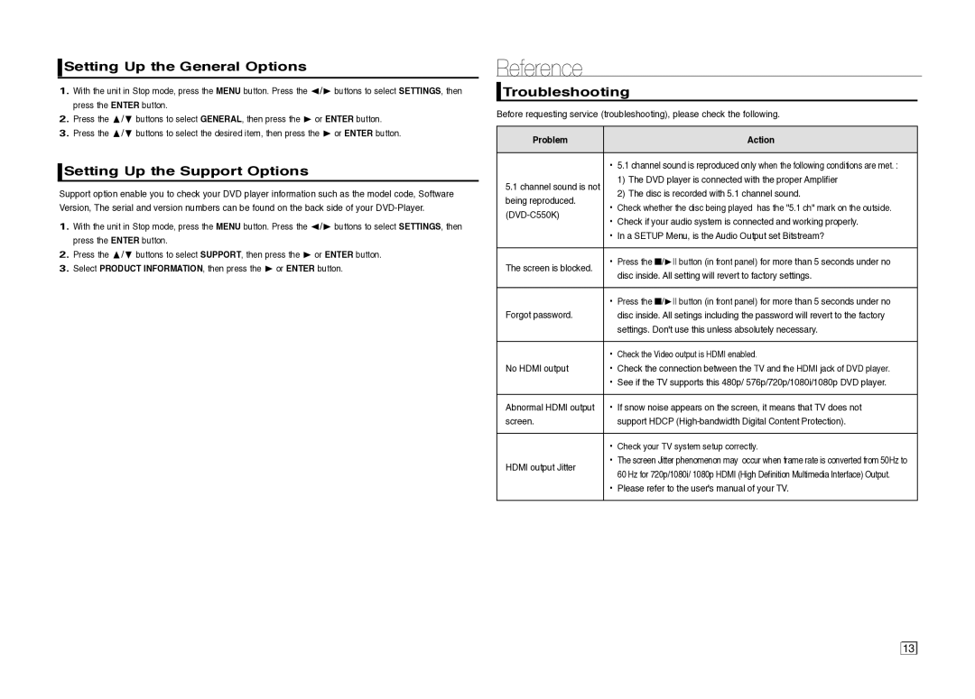 Samsung DVD-C550/XSS manual Reference, Setting Up the General Options, Setting Up the Support Options, Troubleshooting 