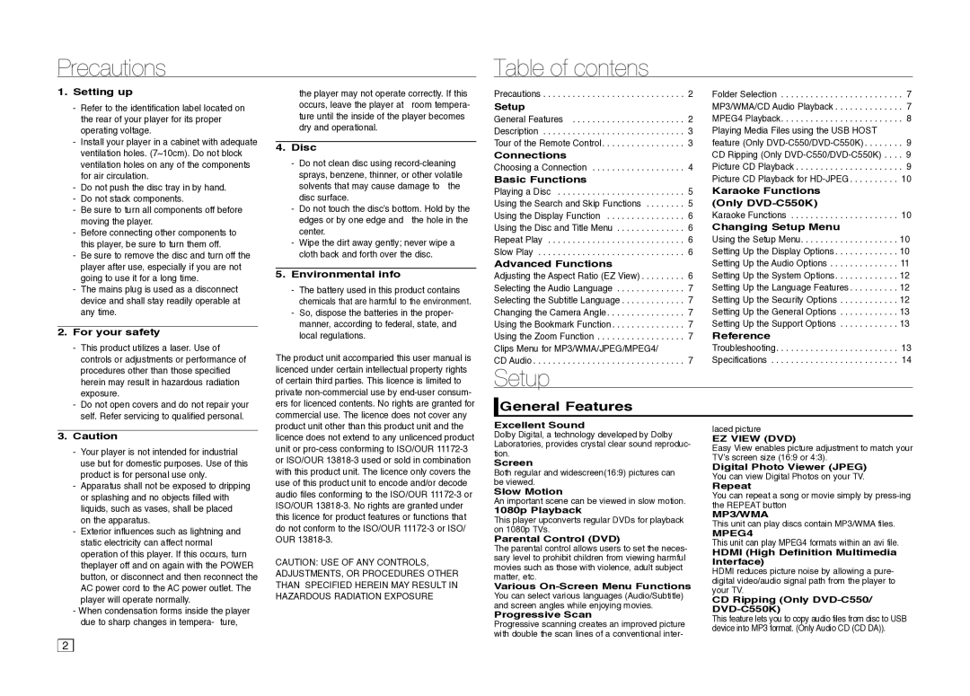 Samsung DVD-C550/XSS manual Precautions Table of contens, Setup, General Features 