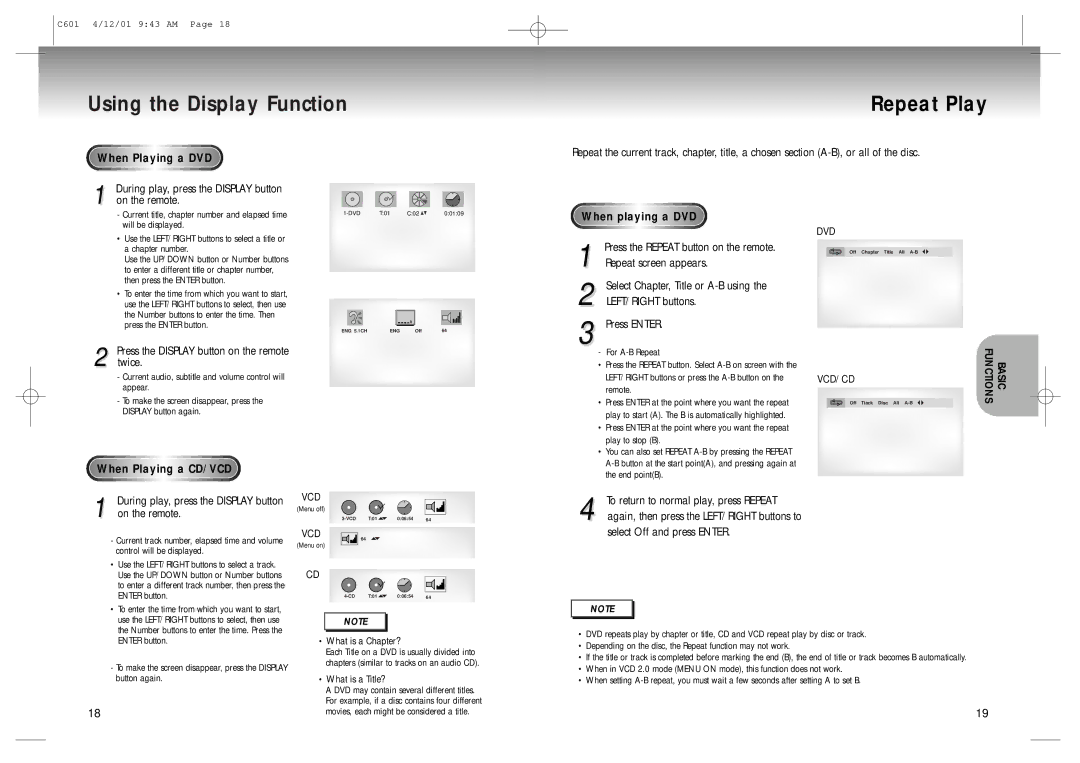 Samsung DVD-C601 Using the Display Function Repeat Play, When Playing a DVD, Press the Display button on the remote twice 