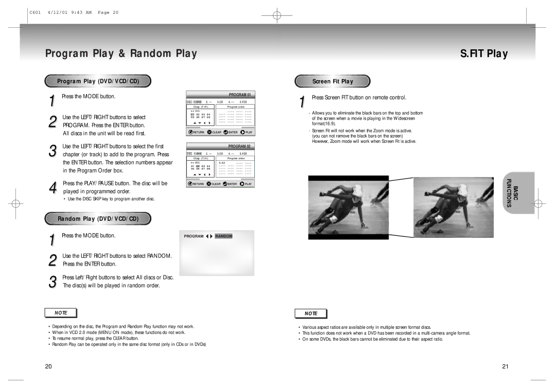 Samsung DVD-C601 manual Program Play & Random Play, FIT Play, Program Play DVD/VCD/CD Creen Fit Pla y, Andom 