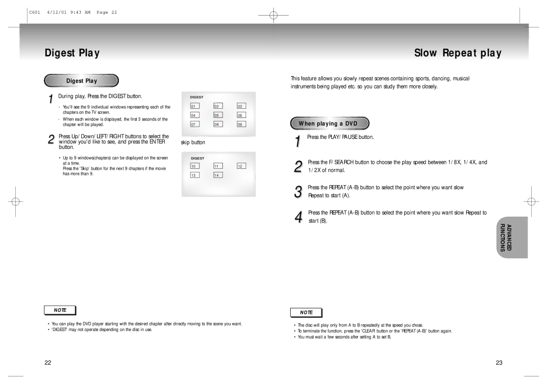 Samsung DVD-C601 manual Digest Play Slow Repeat play 