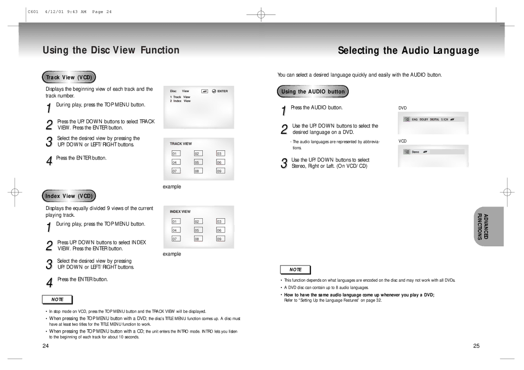 Samsung DVD-C601 manual Using the Disc View Function Selecting the Audio Language, Track View VCD, Index View VCD 