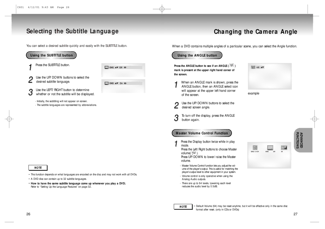 Samsung DVD-C601 manual Selecting the Subtitle Language Changing the Camera Angle, Master Volume Control Function 