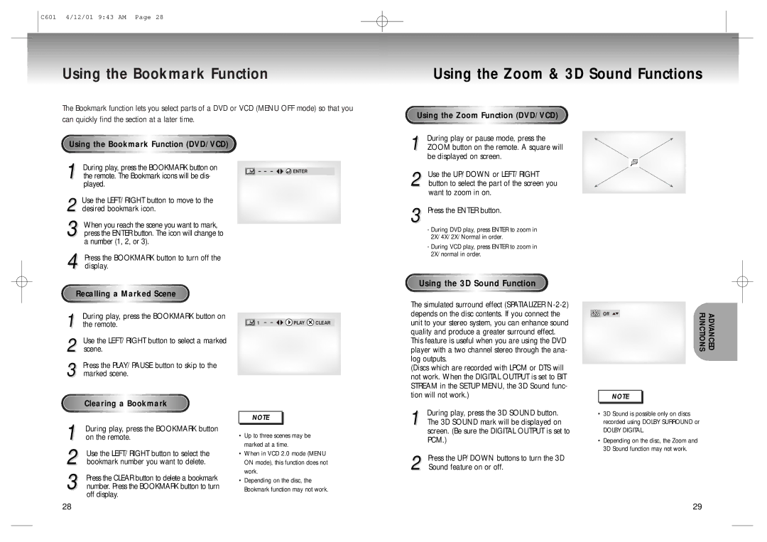 Samsung DVD-C601 manual Using the Zoom & 3D Sound Functions, Clearing a Bookmar k, Using the Zoom Function DVD/VCD 