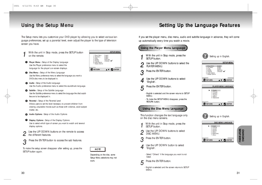 Samsung DVD-C601 manual Using the Setup Menu, Setting Up the Language Features, Using the Player Menu Language 