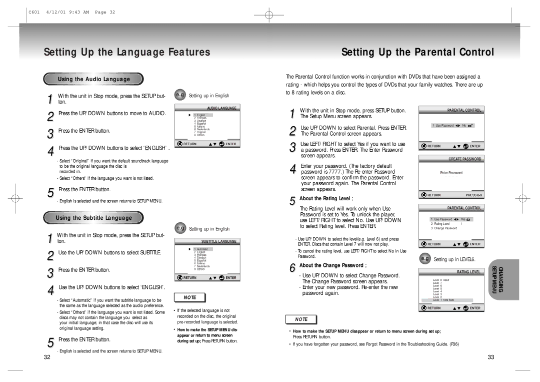 Samsung DVD-C601 manual Using the Audio Language, Using the Subtitle Language 