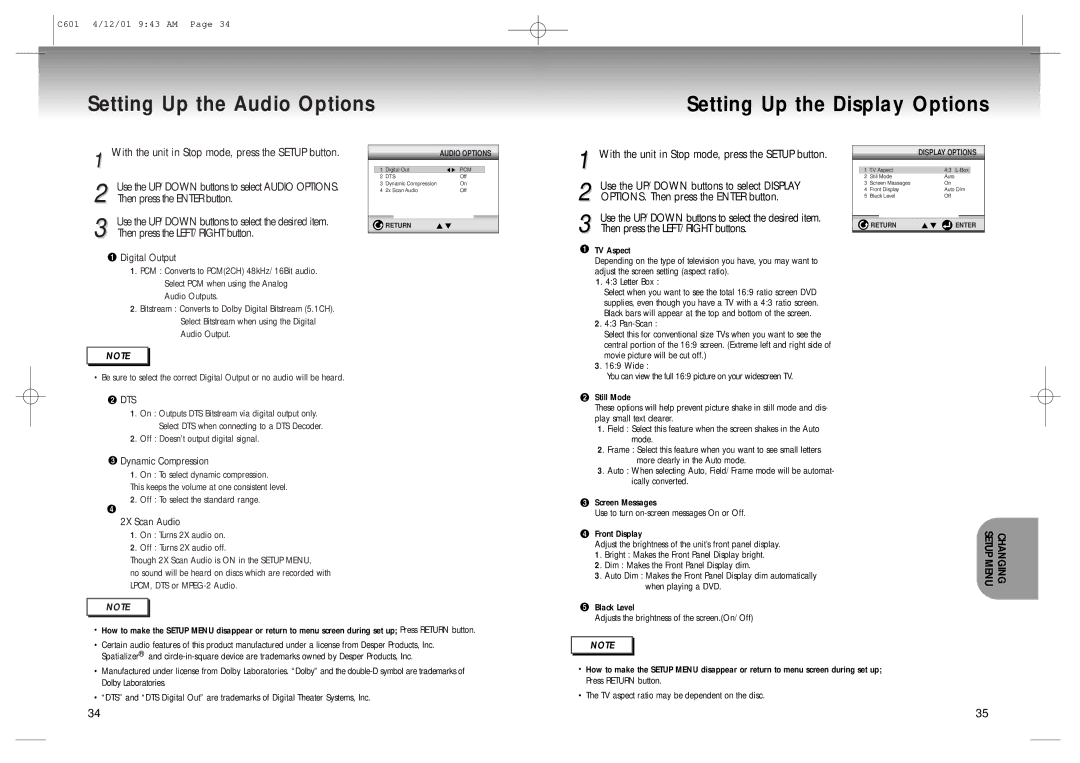 Samsung DVD-C601 manual Setting Up the Audio Options Setting Up the Display Options, Then press the Enter button 