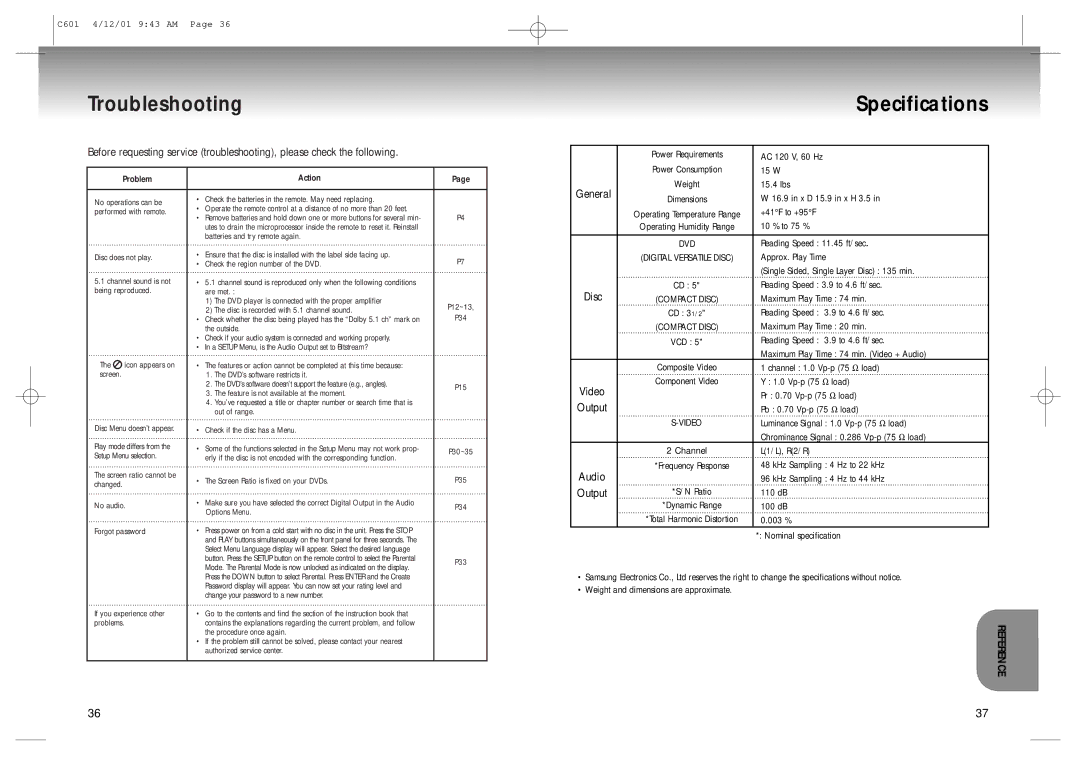 Samsung DVD-C601 manual Troubleshooting Specifications, General, Audio 