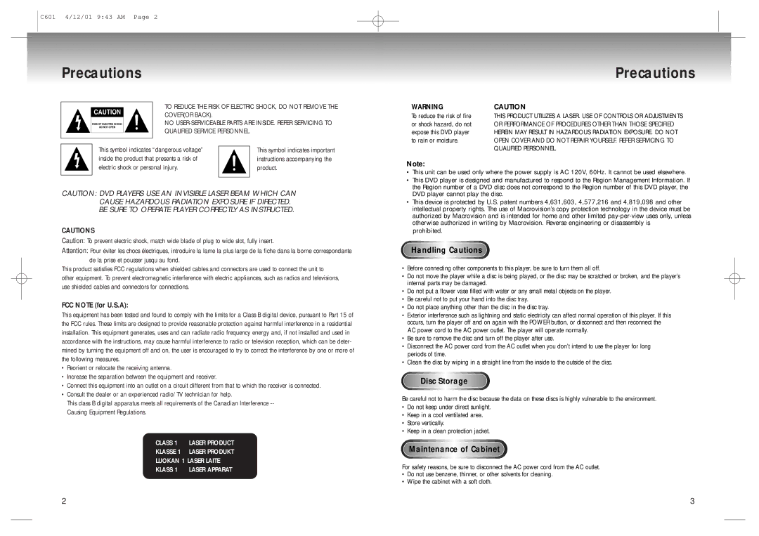 Samsung DVD-C601 manual Precautions, Handling Cautions, Disc Storage, Maintenance of Cabinet, FCC Note for U.S.A 