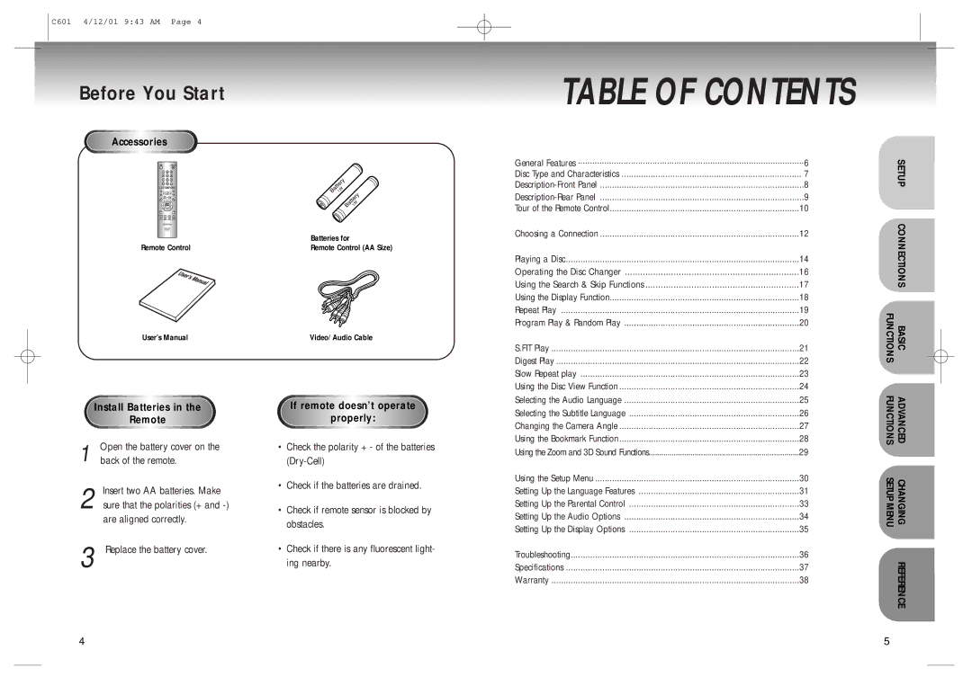 Samsung DVD-C601 manual Table of Contents 