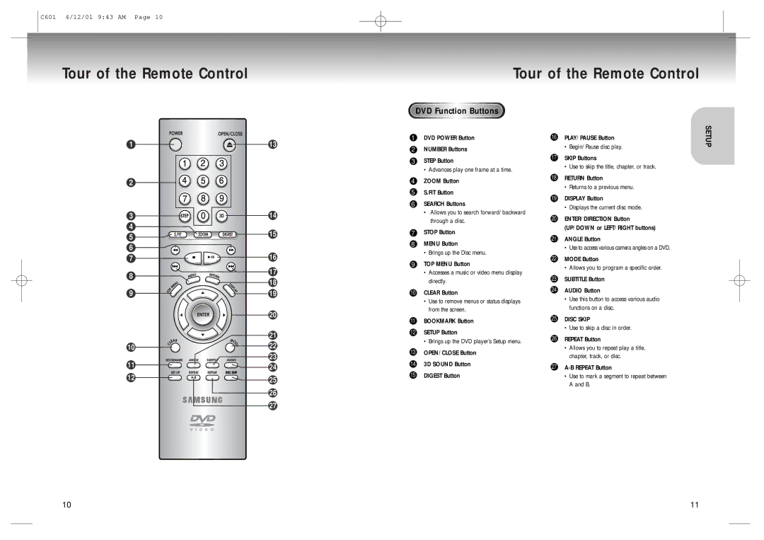 Samsung DVD-C601 manual Tour of the Remote Control, DVD Function Buttons 