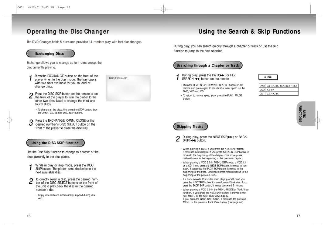 Samsung DVD-C601 manual Operating the Disc Changer, Using the Search & Skip Functions 