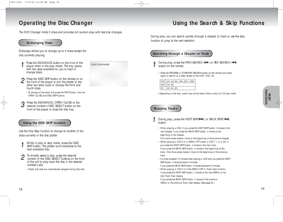 Samsung DVD-C621 manual Operating the Disc Changer, Using the Search & Skip Functions, Exchanging Discs 