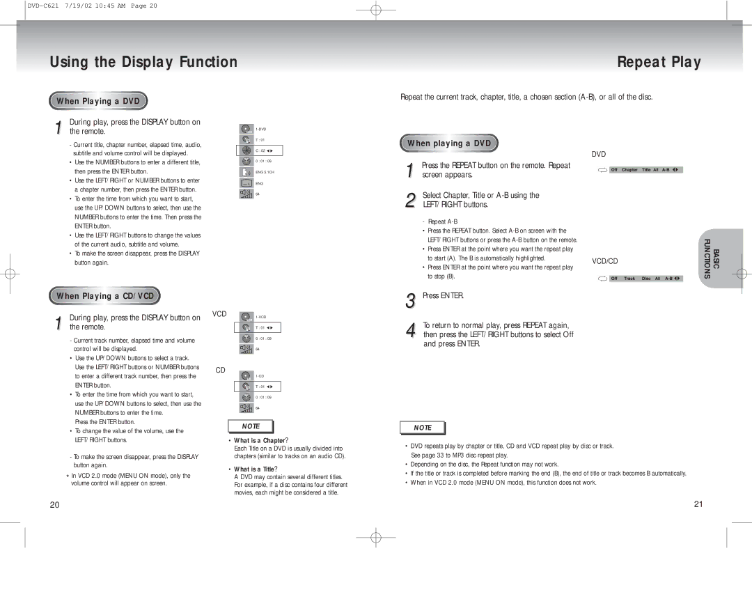 Samsung DVD-C621 manual Using the Display Function Repeat Play, When Playing a DVD, Press Enter 