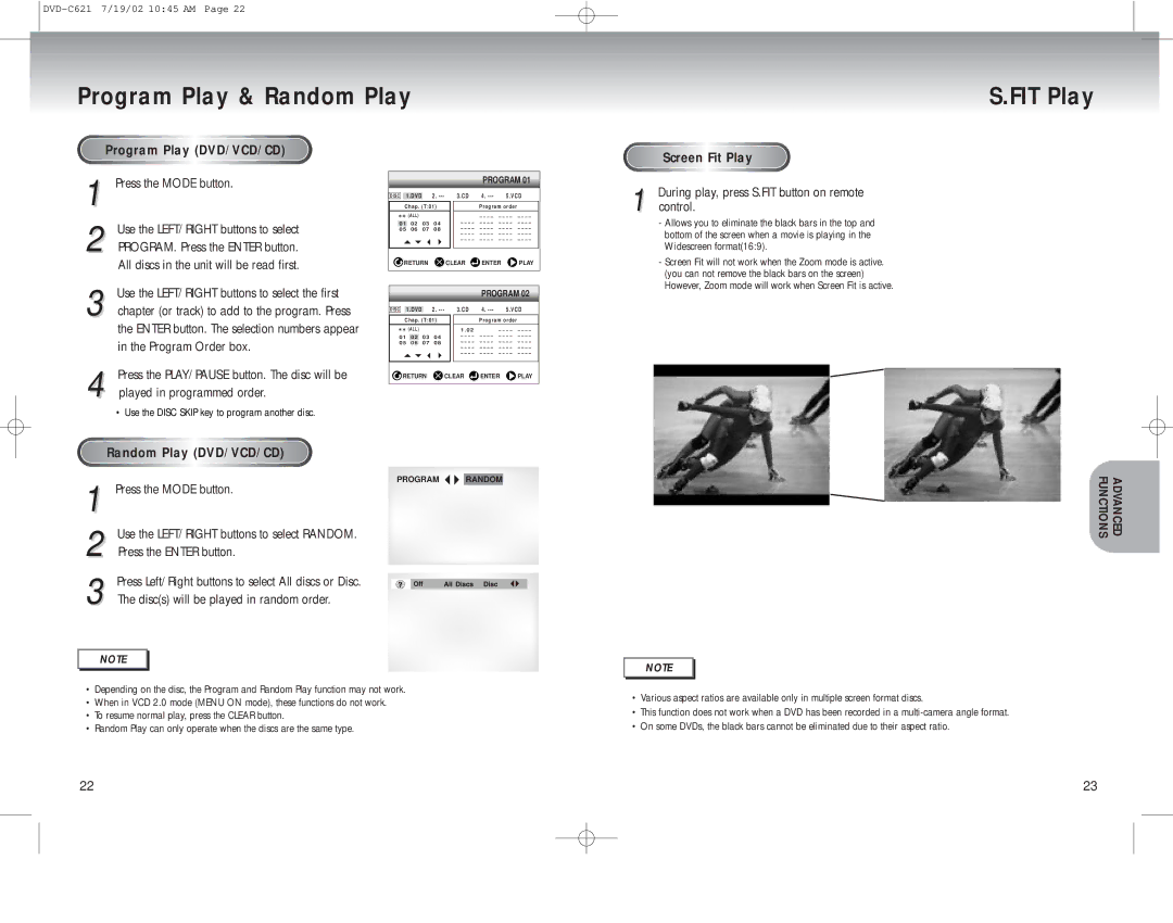 Samsung DVD-C621 Program Play & Random Play FIT Play, Program Play DVD/VCD/CD, Screen Fit Play, Random Play DVD/VCD/CD 