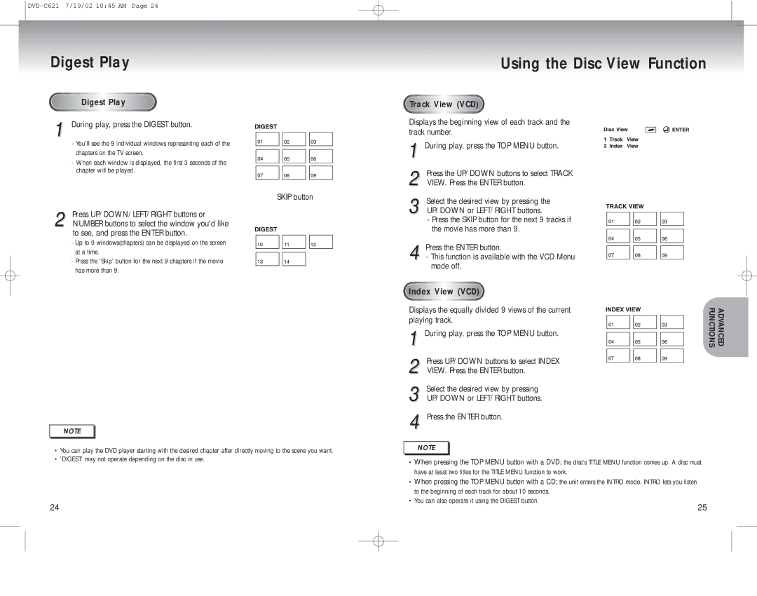 Samsung DVD-C621 manual Digest Play Using the Disc View Function, Diges t Play, During play, press the Digest button 