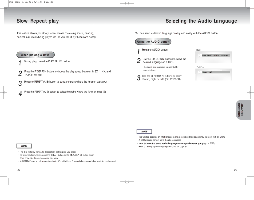 Samsung DVD-C621 manual Slow Repeat play Selecting the Audio Language, Sing, Press the Audio button 