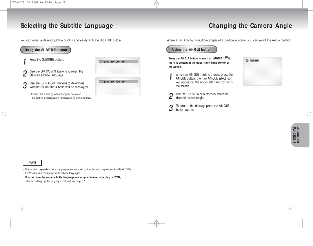 Samsung DVD-C621 manual Selecting the Subtitle Language Changing the Camera Angle, Using the Subtitle button 