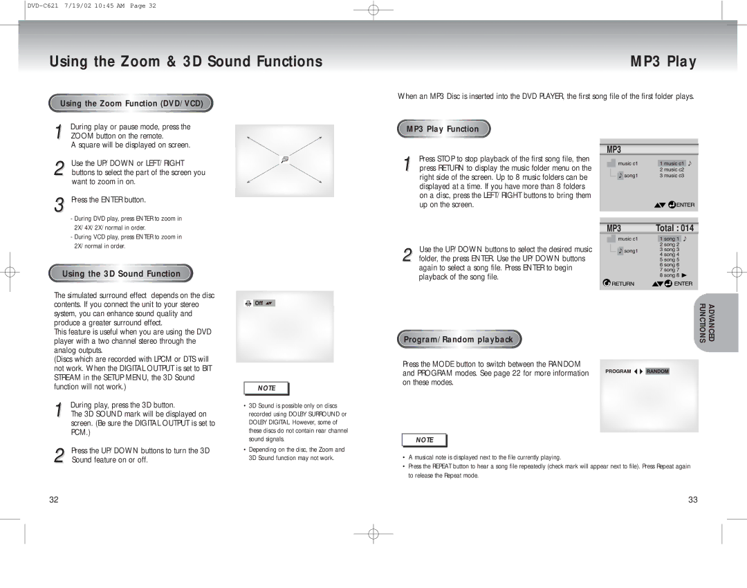 Samsung DVD-C621 manual Using the Zoom & 3D Sound Functions MP3 Play, Using the Zoom Function DVD/VCD, MP3 Play Function 