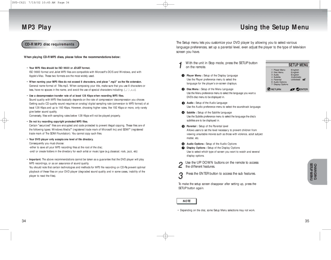 Samsung DVD-C621 manual Using the Setup Menu, CD-R MP3 disc requirements, Use the UP/DOWN buttons on the remote to access 