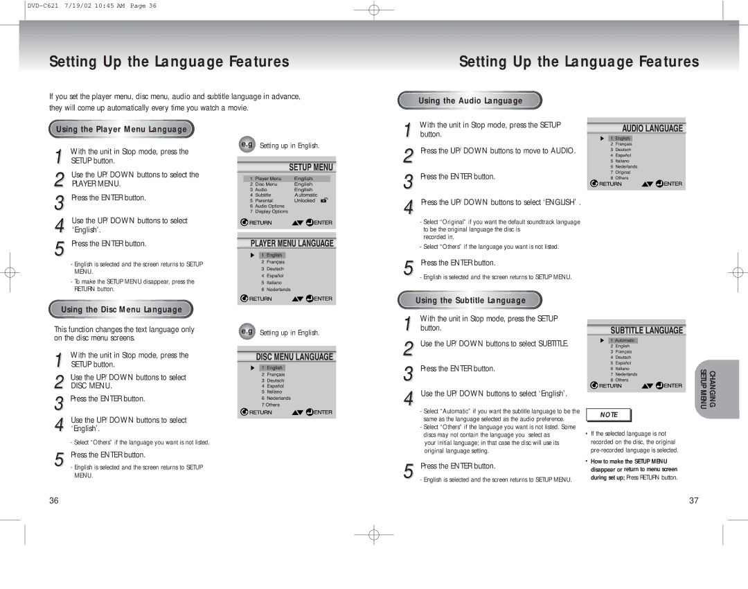 Samsung DVD-C621 manual Setting Up the Language Features 