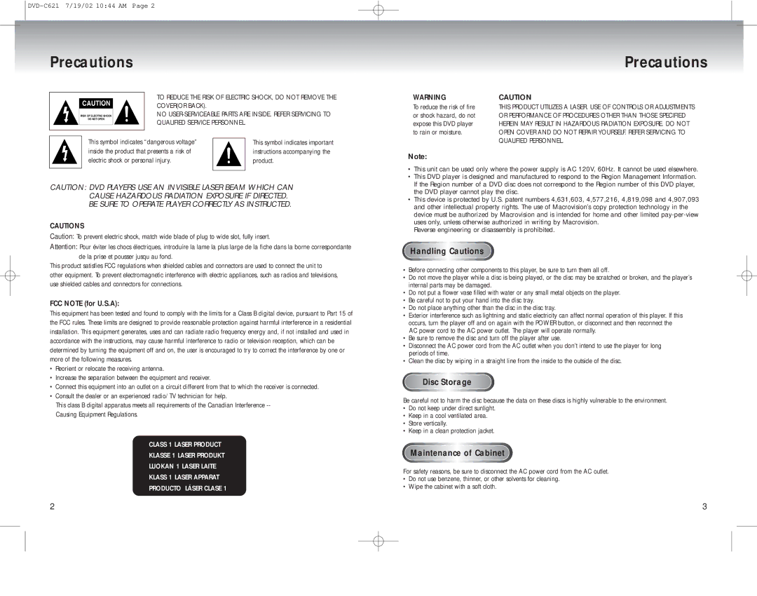 Samsung DVD-C621 manual Precautions, Handling Cautions, Disc Storage, Maintenance of Cabinet, FCC Note for U.S.A 