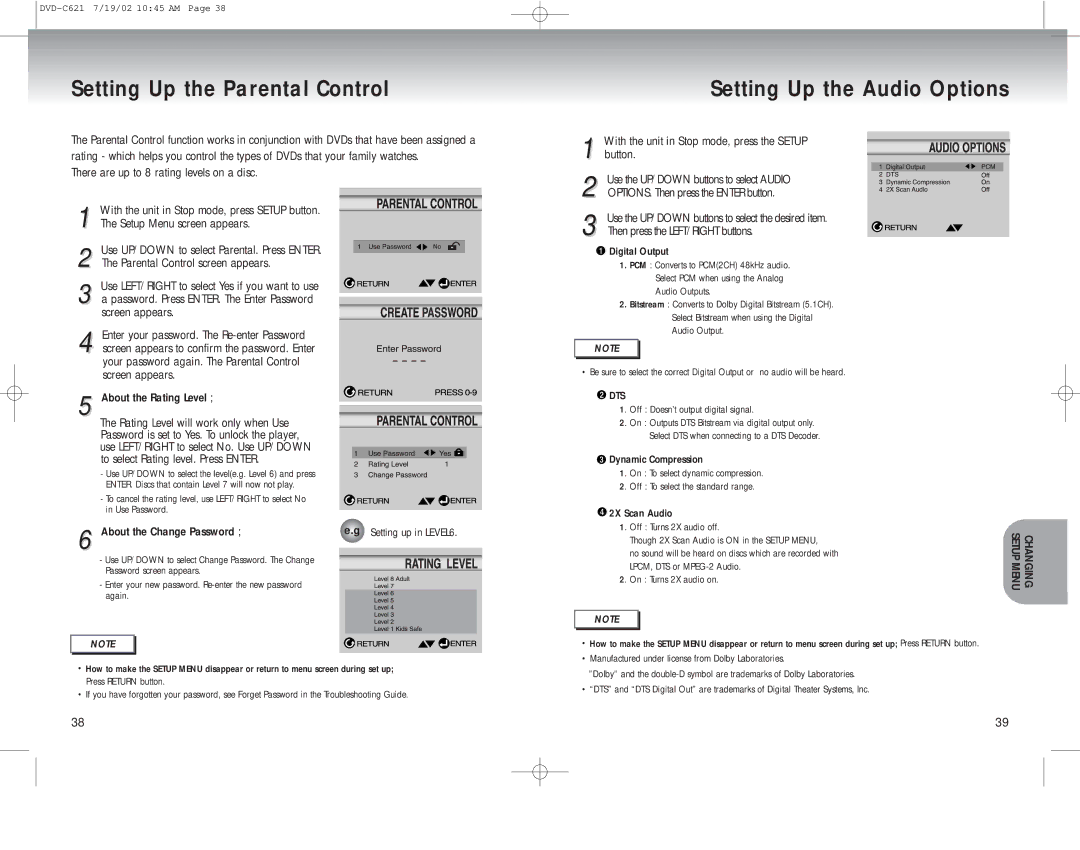 Samsung DVD-C621 manual Setting Up the Parental Control, Setting Up the Audio Options 