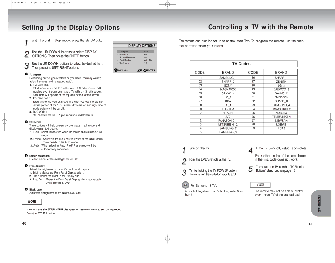 Samsung DVD-C621 Setting Up the Display Options, Controlling a TV with the Remote, If the TV turns off, setup is complete 