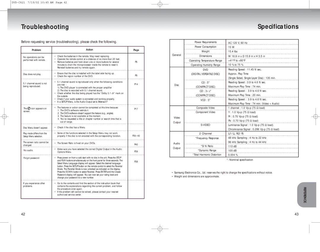 Samsung DVD-C621 manual Troubleshooting Specifications 