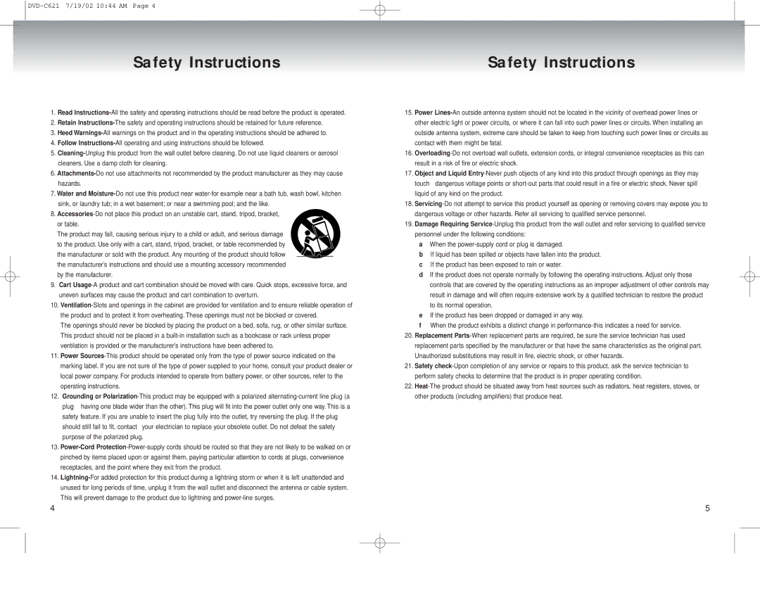 Samsung DVD-C621 manual Safety Instructions 