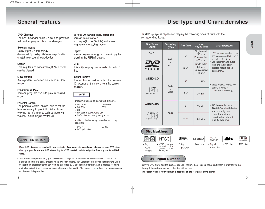 Samsung DVD-C621 manual General Features, DVD Changer, Excellent Sound Dolby Digital, a technology, MP3 